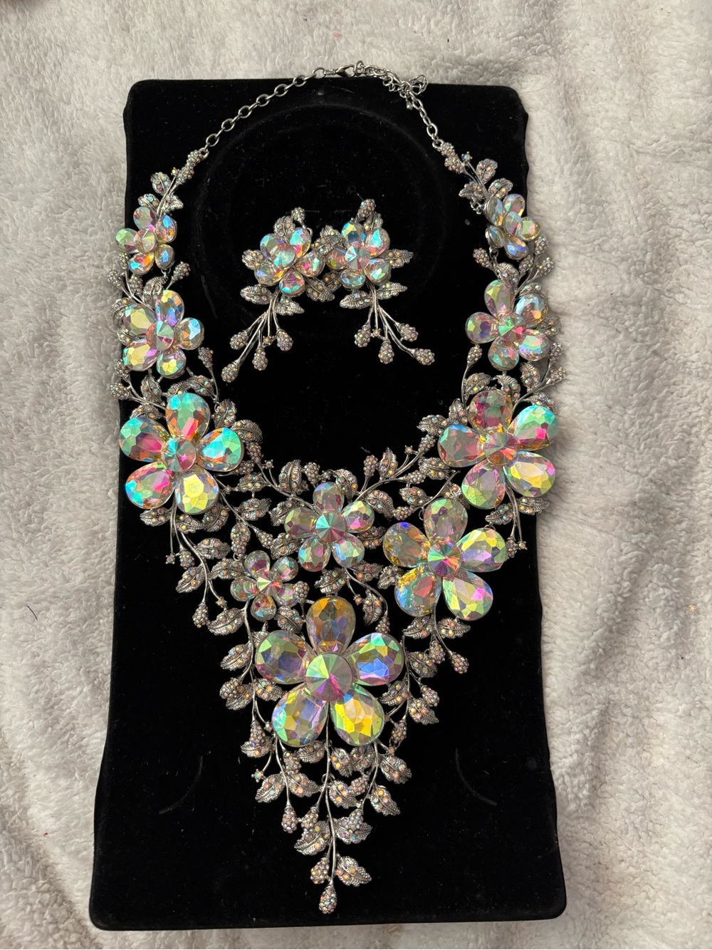 Iridescent Crystal Floral Statement Necklace and Earrings Set